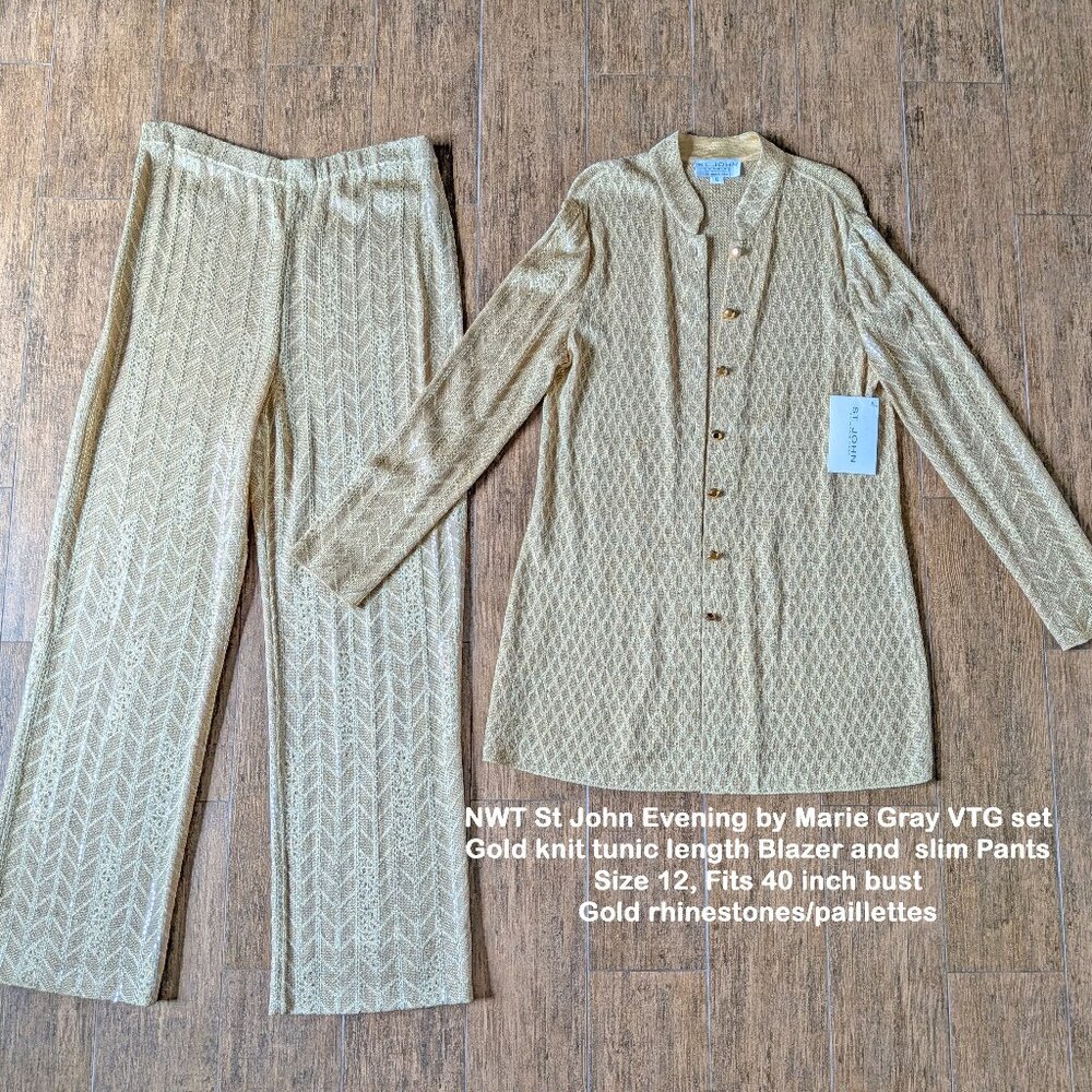 NWT St John Evening Marie Gray VTG Sz 12 Gold knit tunic length Blazer and Pant